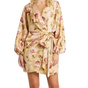 Wayf Armour Long Sleeve Linen Blend Wrap Dress . Champagne Roses...Size Medium